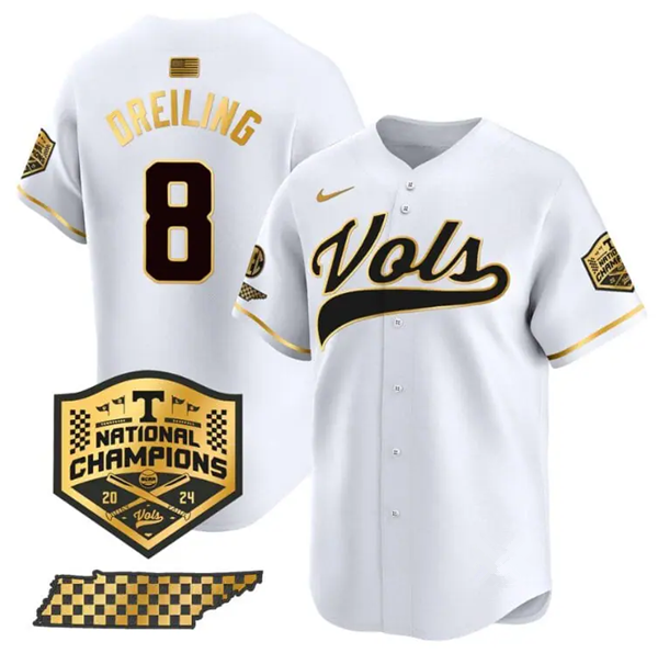 Men's Tennessee Volunteers #8 Dylan Dreiling White Gold 2024 Champions Vapor Limited Baseball Stitched Jersey