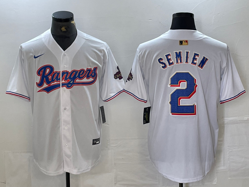 Men's Texas Rangers #2 Marcus Semien White 2023 World Series Champions Cool Base Jersey