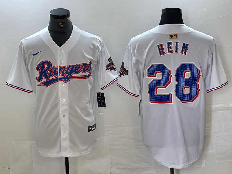 Men's Texas Rangers #28 Jonah Heim White 2023 World Series Champions Cool Base Jersey