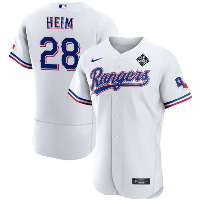 Men's Texas Rangers #28 Jonah Heim White 2023 World Series Flex Base Stitched Baseball Jersey