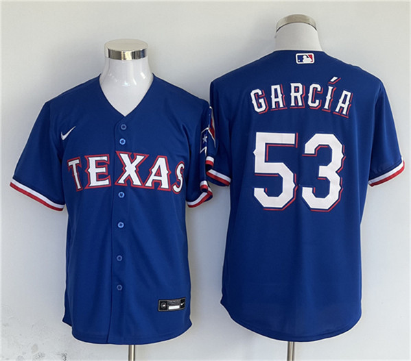 Men's Texas Rangers #53 Adolis Garcia Royal With Patch Cool Base Stitched Jersey