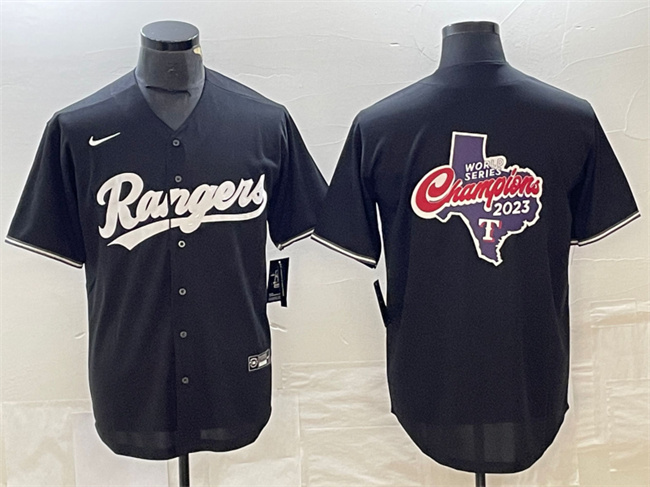 Men's Texas Rangers Black 2023 World Series Champions Big Logo Cool Base Stitched Baseball Jersey1