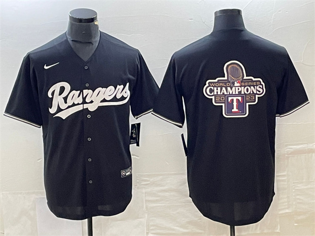 Men's Texas Rangers Black 2023 World Series Champions Big Logo Cool Base Stitched Baseball Jerseys1