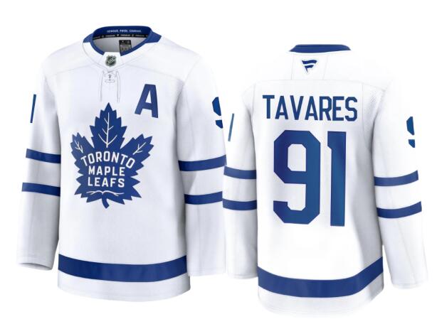 Men's Toronto Maple Leafs #91 John Tavares With A Patch White Away 2024-25 Stitched NHL fanatics Jersey