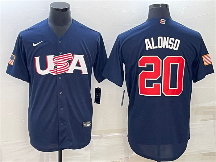 Men's USA Baseball #20 Pete Alonso 2023 Navy World Baseball Classic Replica Stitched Jersey