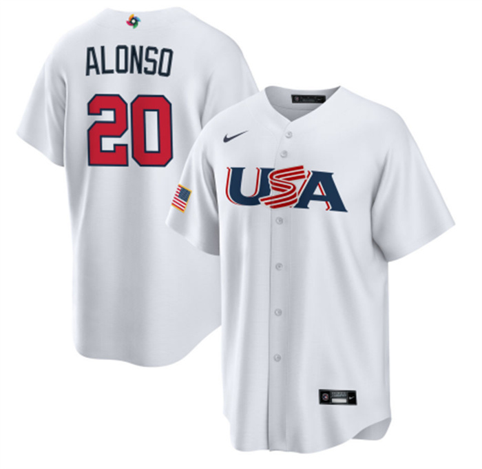 Men's USA Baseball #20 Pete Alonso 2023 White World Baseball Classic Replica Stitched Jersey