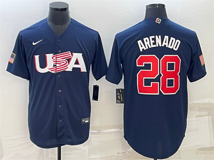 Men's USA Baseball #28 Nolan Arenado 2023 Navy World Baseball Classic Replica Stitched Jersey