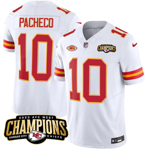 Men’s Kansas City Chiefs #10 Isiah Pacheco White 2023 F.U.S.E. AFC West Champions With NKH Patch Vapor Untouchable Limited Football Stitched Jersey