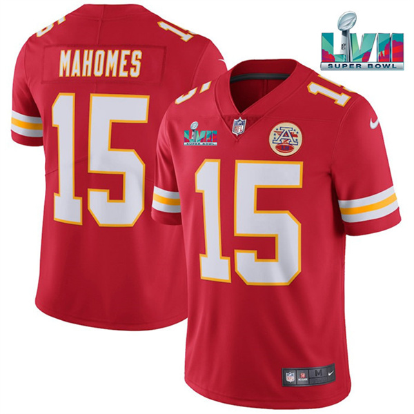 Men’s Kansas City Chiefs #15 Patrick Mahomes Red Super Bowl LVII Patch Vapor Untouchable Limited Stitched Jersey