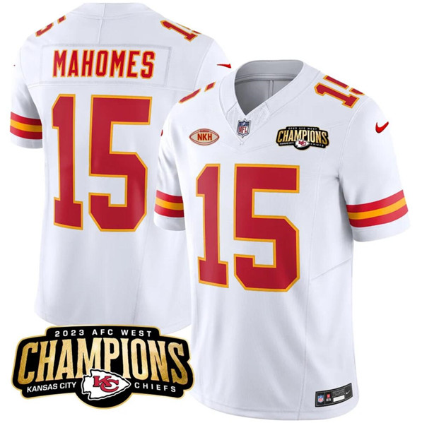 Men’s Kansas City Chiefs #15 Patrick Mahomes White 2023 F.U.S.E. AFC West Champions With NKH Patch Vapor Untouchable Limited Football Stitched Jersey