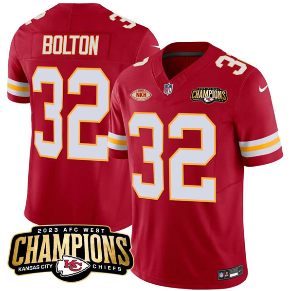 Men’s Kansas City Chiefs #32 Nick Bolton Red 2023 F.U.S.E. AFC West Champions With NKH Patch Vapor Untouchable Limited Football Stitched Jersey