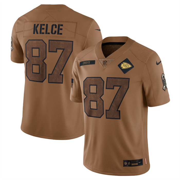 Men’s Kansas City Chiefs #87 Travis Kelce 2023 Brown Salute To Service Limited Stitched Jersey