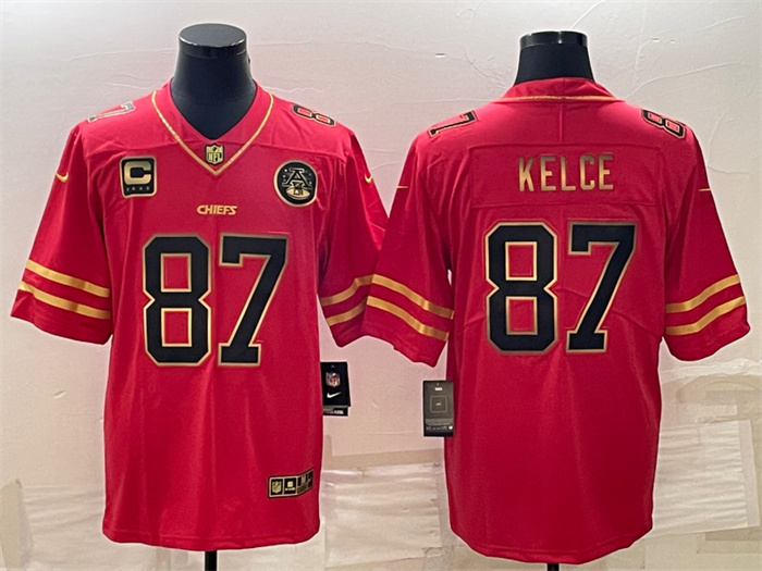 Men’s Kansas City Chiefs #87 Travis Kelce Red Gold 4-Star C Patch Vapor Untouchable Limited Stitched Jersey