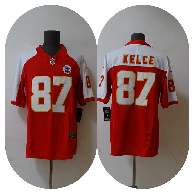 Men’s Kansas City Chiefs #87 Travis Kelce Red White 2023 F.U.S.E. Vapor Untouchable Limited Football Stitched Jersey