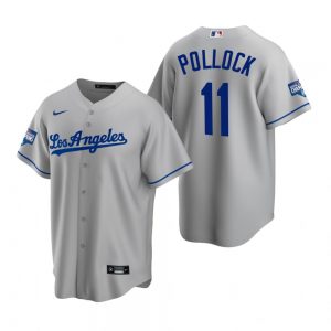 Men's Los Angeles Dodgers #11 A.J. Pollock Gray 2020 World Series Champions Road Replica Jersey