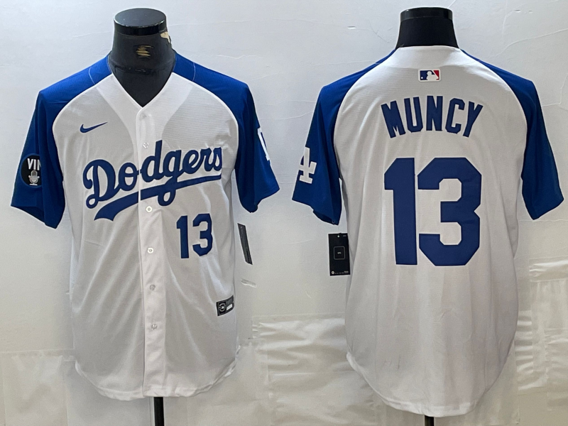 Mens Los Angeles Dodgers #13 Max Muncy Number White Blue Fashion Stitched Cool Base Limited Jersey