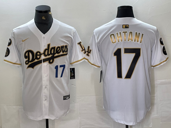 Mens Los Angeles Dodgers #17 Shohei Ohtani Number White Gold Fashion Stitched Cool Base Limited Jersey