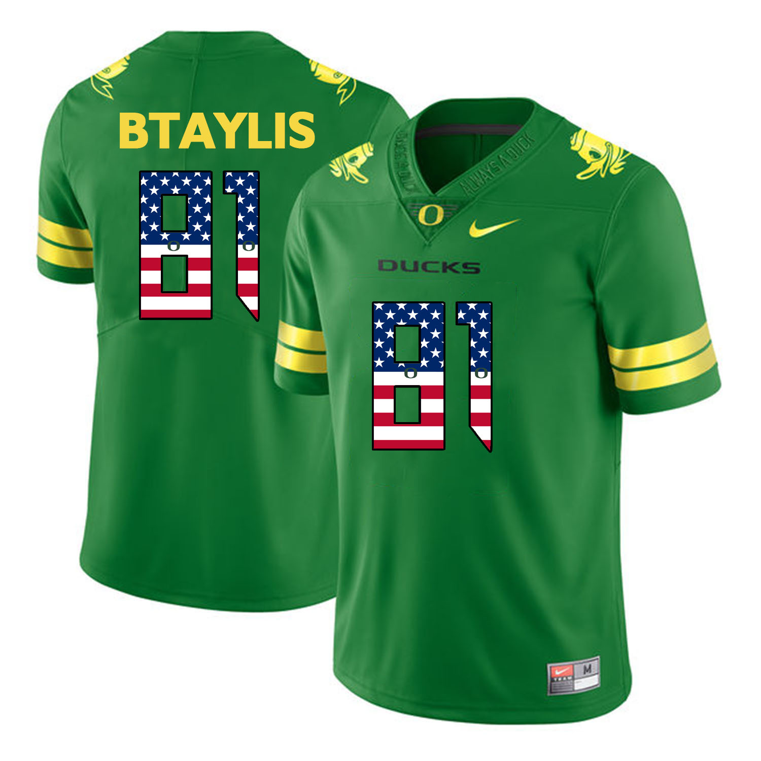 Oregon Ducks 81 Evan Baylis Apple Green USA Flag College Football Jersey