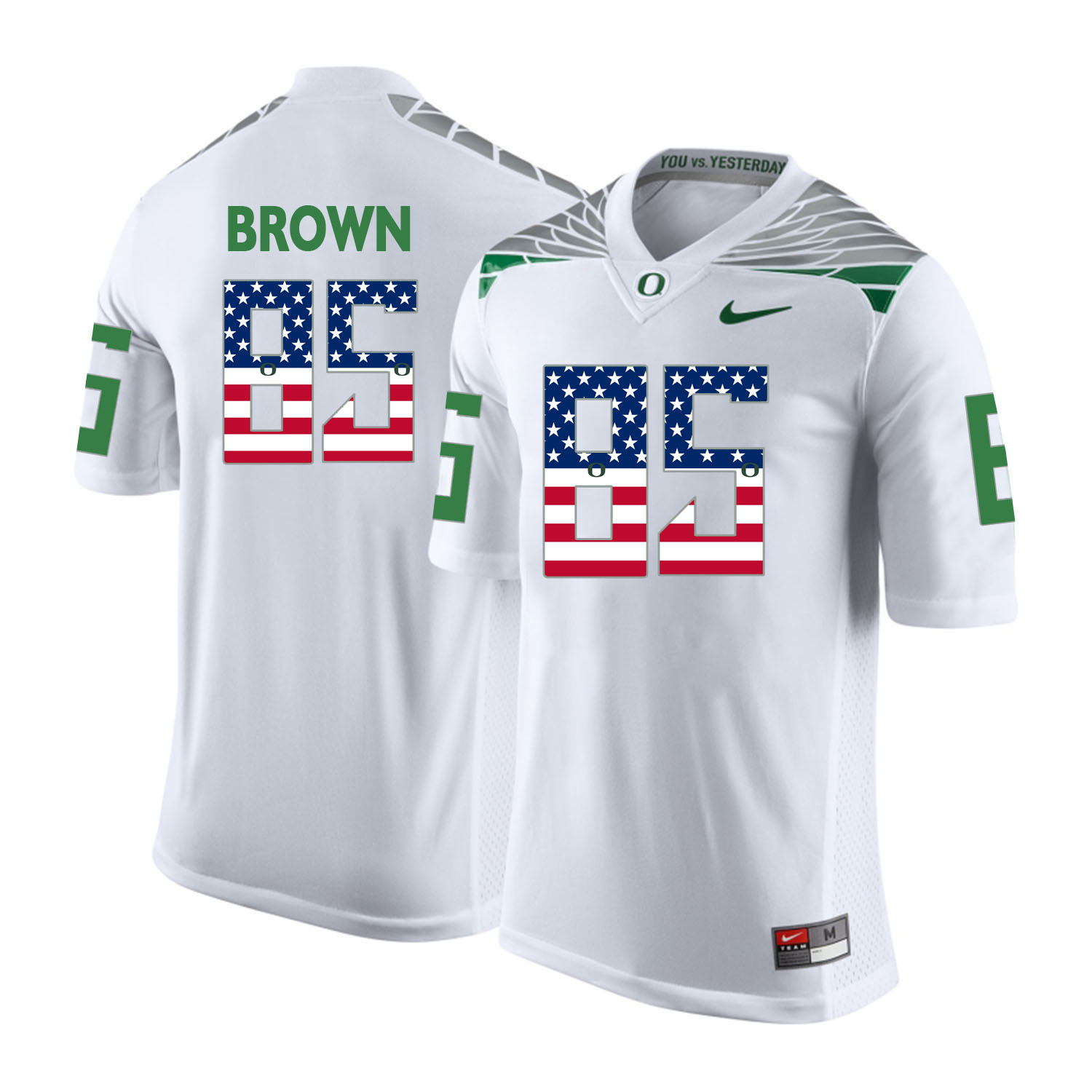 Oregon Ducks 85 Pharaoh Brown White USA Flag College Football Jersey