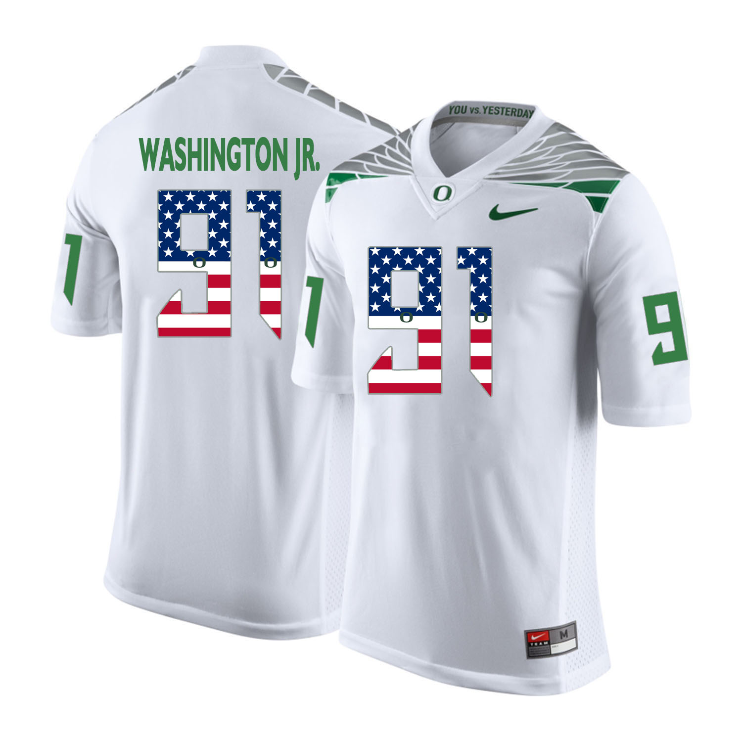 Oregon Ducks 91 Tony Washington Jr. White USA Flag College Football Jersey