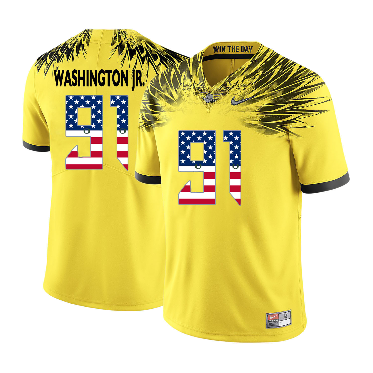 Oregon Ducks 91 Tony Washington Jr. Yellow USA Flag College Football Jersey