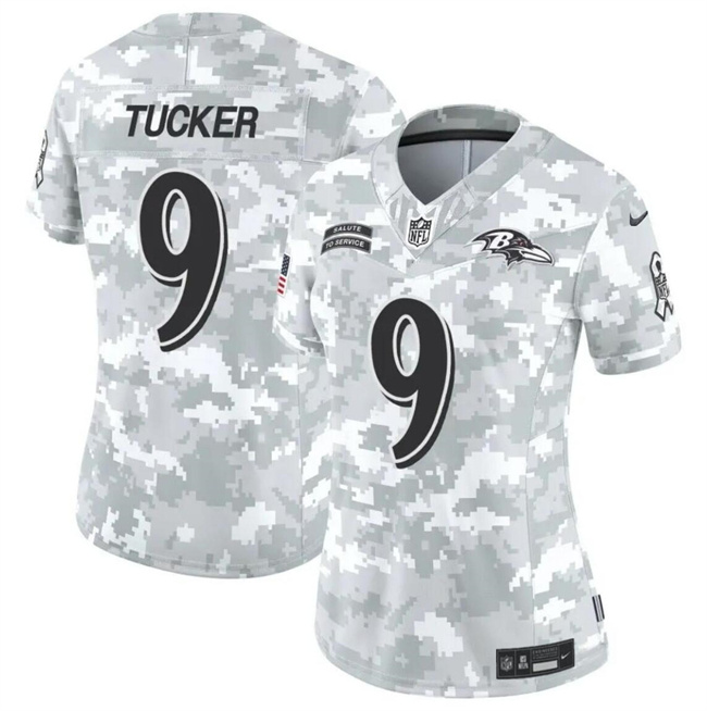 Women's Baltimore Ravens #9 Justin Tucker 2024 F.U.S.E Arctic Camo Salute To Service Limited Stitched Football Jersey(Run Small)