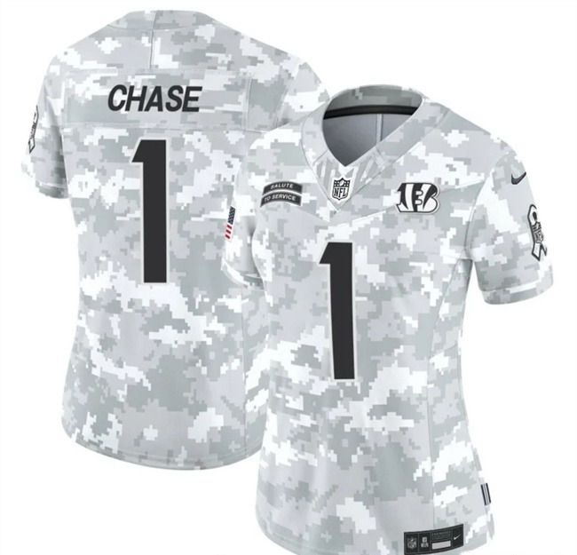 Women's Cincinnati Bengals #1 Ja'Marr Chase 2024 F.U.S.E Arctic Camo Salute To Service Limited Stitched Football Jersey(Run Small)