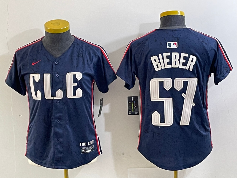 Women's Cleveland Guardians #57 Shane Bieber Navy 2024 City Connect Limited Stitched Jersey