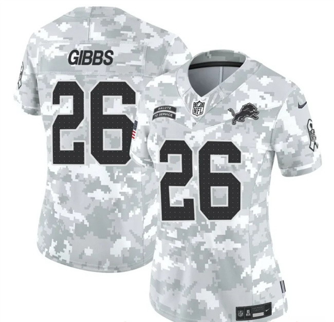 Women's Detroit Lions #26 Jahmyr Gibbs 2024 F.U.S.E Arctic Camo Salute To Service Limited Stitched Jersey(Run Small)