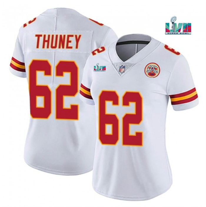 Women's Kansas City Chiefs #62 Joe Thuney White Super Bowl LVII Patch Vapor Stitched Jersey(Run Small)