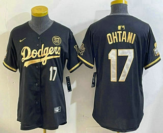 Women's Los Angeles Dodgers #17 Shohei Ohtani Black Gold 2024 World Series 34 Patch Stitched Cool Base Jersey