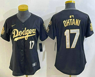 Women's Los Angeles Dodgers #17 Shohei Ohtani Black Gold 2024 World Series 34 Patch Stitched Cool Base Jerseys