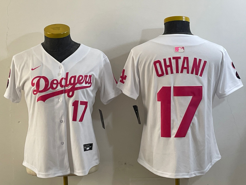 Women's Los Angeles Dodgers #17 Shohei Ohtani Number White Pink Limited Cool Base Stitched Jersey