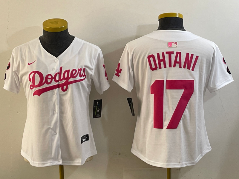 Women's Los Angeles Dodgers #17 Shohei Ohtani Number White Pink Limited Cool Base Stitched Jerseys