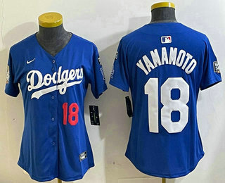 Women's Los Angeles Dodgers #18 Yoshinobu Yamamoto Number Blue 2024 World Series With Fernando 34 Fashion Limited Stitched Jersey