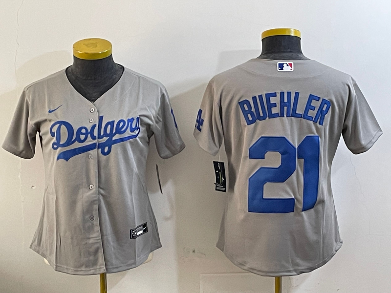 Women's Los Angeles Dodgers #21 Walker Buehler Grey Stitched Cool Base Nike Jersey