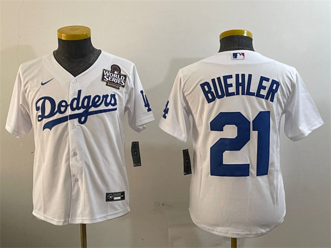 Women's Los Angeles Dodgers #21 Walker Buehler White 2024 World Series Cool Base Stitched Baseball Jersey(Run Small)