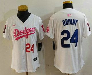 Women's Los Angeles Dodgers #24 Kobe Bryant Number White Pink With Patch Limited Stitched Jersey