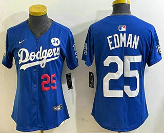 Women's Los Angeles Dodgers #25 Tommy Edman Number Blue 2024 World Series With Fernando 34 Fashion Limited Stitched Jersey