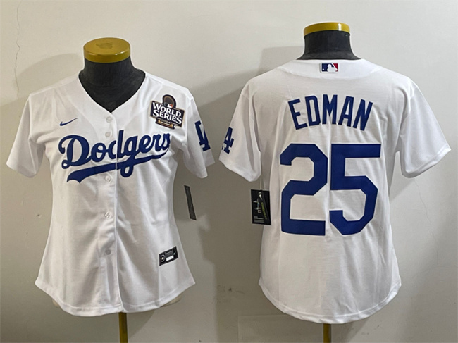 Women's Los Angeles Dodgers #25 Tommy Edman White 2024 World Series Cool Base Stitched Baseball Jersey(Run Small)