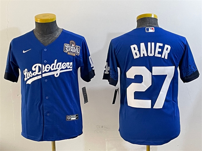 Women's Los Angeles Dodgers #27 Trevor Bauer Blue 2024 World Series City Connect Cool Base Stitched Jersey(Run Small)