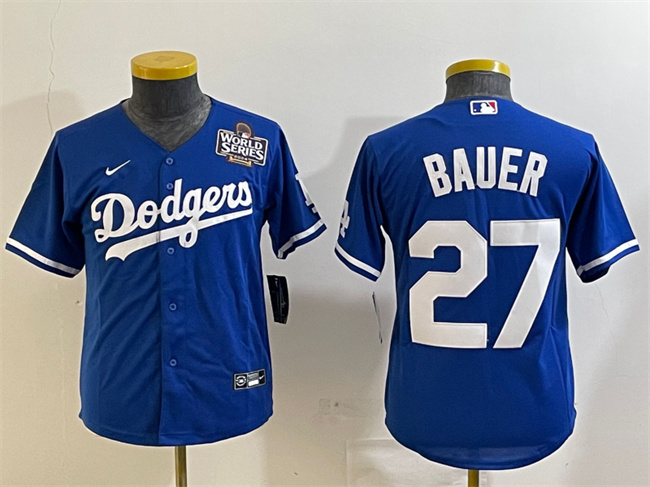 Women's Los Angeles Dodgers #27 Trevor Bauer Blue 2024 World Series Cool Base Stitched Jersey(Run Small)