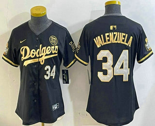 Women's Los Angeles Dodgers #34 Fernando Valenzuela Black Gold 2024 World Series 34 Patch Stitched Cool Base Jersey