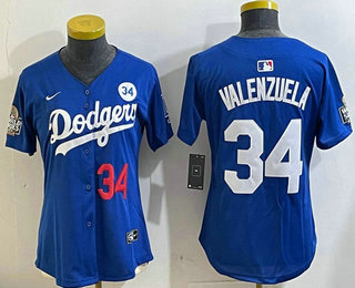 Women's Los Angeles Dodgers #34 Fernando Valenzuela Number Blue 2024 World Series With Fernando 34 Patch Limited Stitched Jersey