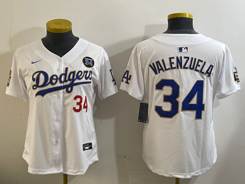 Women's Los Angeles Dodgers #34 Toro Valenzuela White Gold 2024 World Series With Fernando Memorial Patch Limited Stitched Baseball Jersey