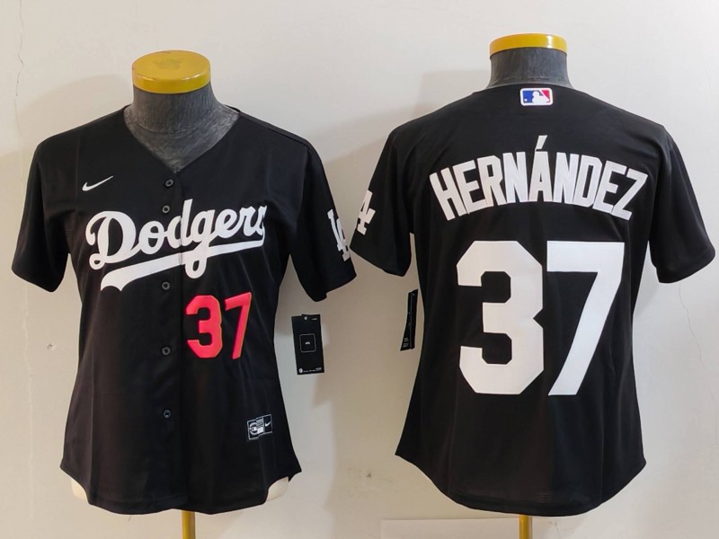 Women's Los Angeles Dodgers #37 Teoscar Hernandez Number Black Cool Base Stitched Jersey