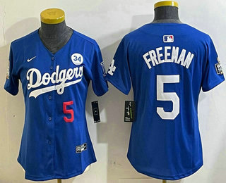 Women's Los Angeles Dodgers #5 Freddie Freeman Number Blue 2024 World Series With Fernando 34 Patch Limited Stitched Jersey