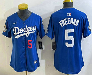 Women's Los Angeles Dodgers #5 Freddie Freeman Number Blue 2024 World Series With Fernando 34 Patch Limited Stitched Jerseys