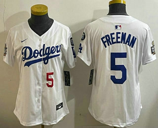 Women's Los Angeles Dodgers #5 Freddie Freeman Number White 2024 World Series With Fernando 34 Patch Limited Stitched Jersey