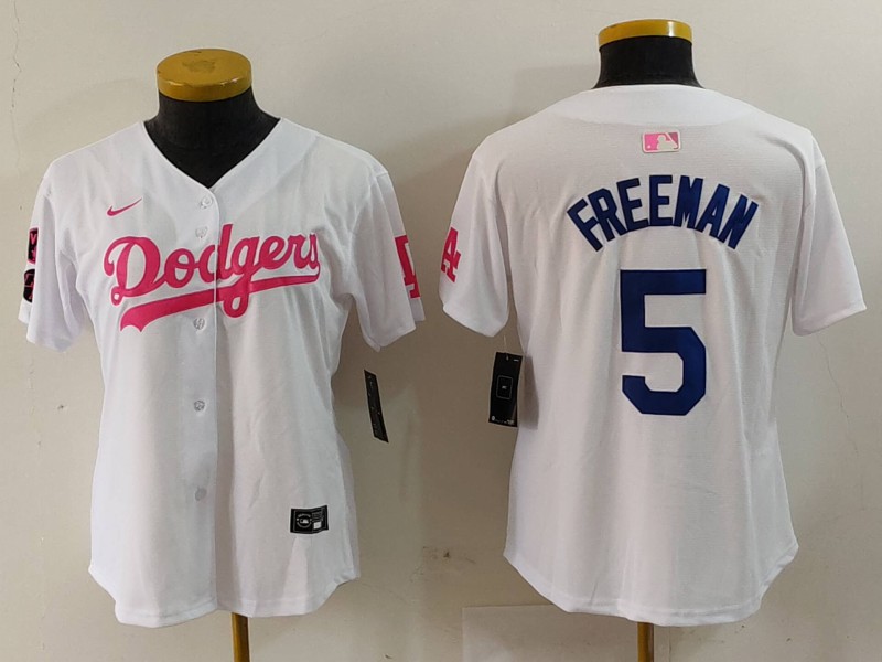 Women's Los Angeles Dodgers #5 Freddie Freeman White Pink With Patch Limited Stitched Jersey